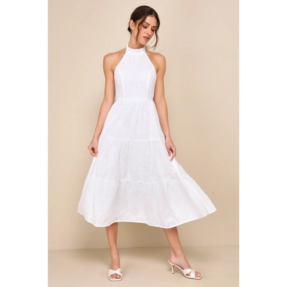 Lulus S White Eyelet Halter Maxi Dress Smocked Back Tie Closure Cotton